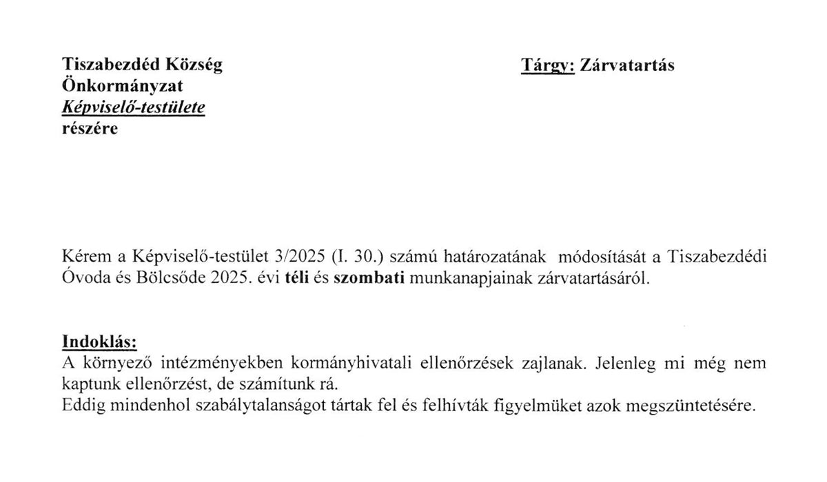 Read more about the article 2025.04.22-i Képviselő-testületi ülés – Óvoda zárvatartás