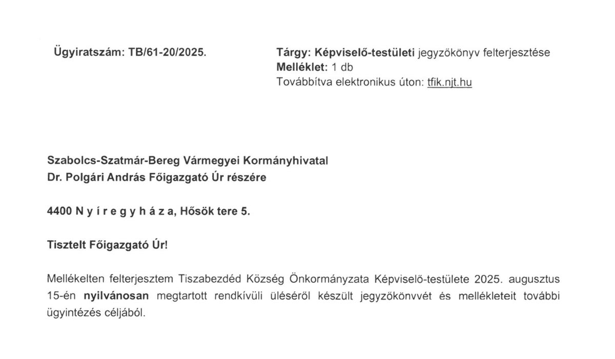 Read more about the article 2025.08.15-i Rendkívüli képviselő-testületi ülés – Rendkívüli testületi Jegyzőkönyv