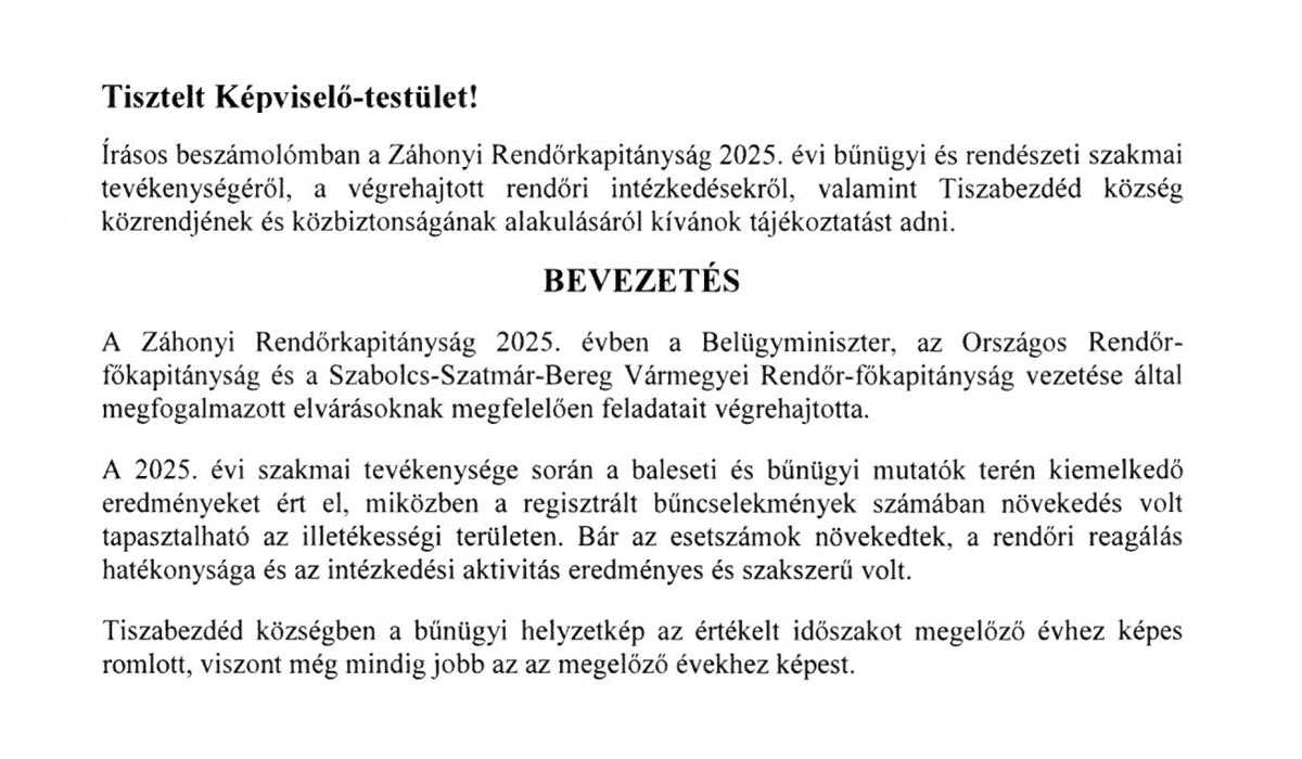 2026.06.30-i Képviselő-testületi ülés – Záhonyi Rendőrkapitányság beszámoló