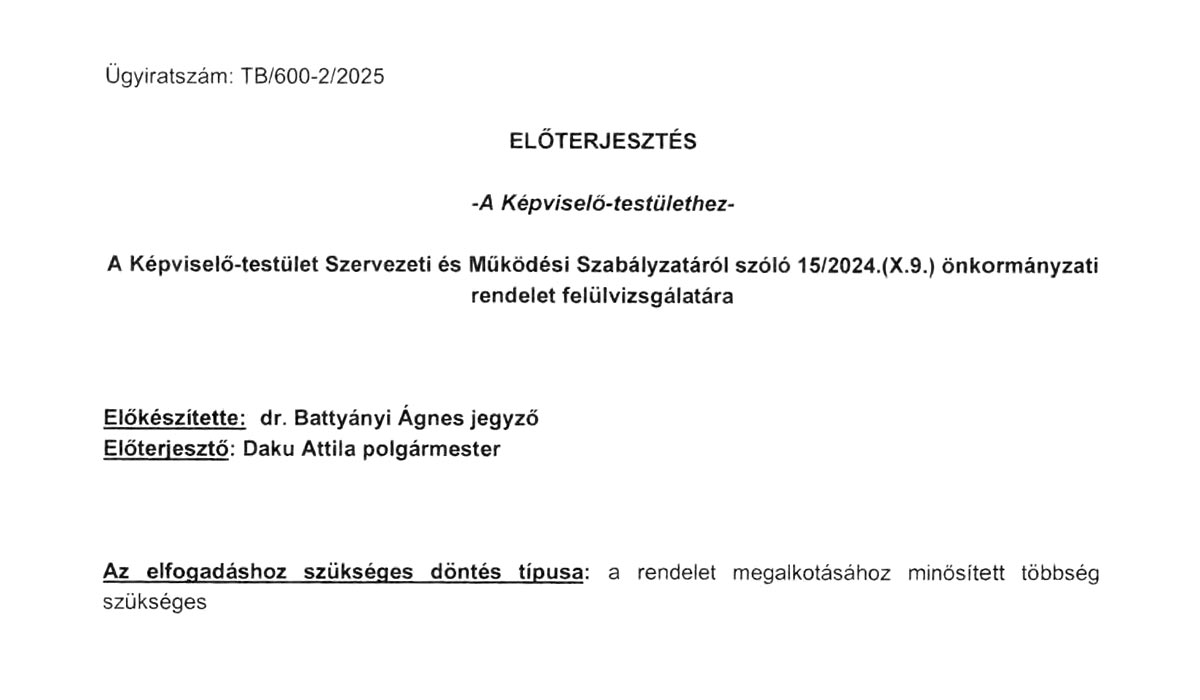 Read more about the article 2025.07.15-i Rendkívüli Képviselő-testületi ülés – SZMSZ módosítás