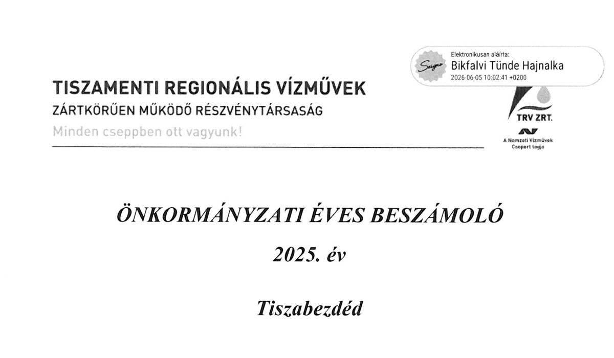 2026.06.30-i Képviselő-testületi ülés – Tiszamenti Regionális Vízművek Zrt. beszámoló