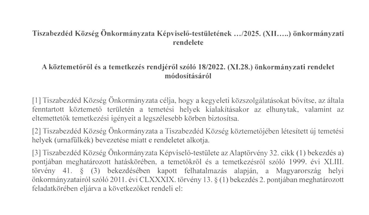 Read more about the article 2025.12.01- i Képviselő-testületi ülés – Temető módosító tervezet