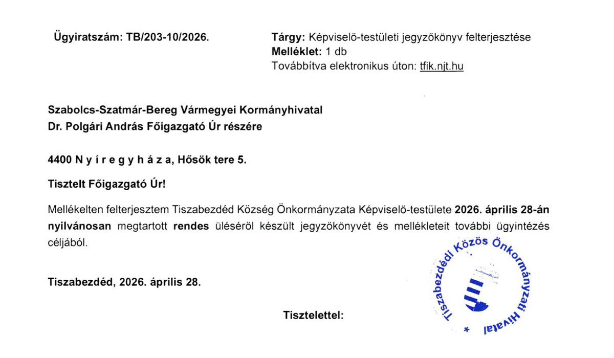 Read more about the article Képviselő-testületi ülés 2026.04.28. – Jegyzőkönyv
