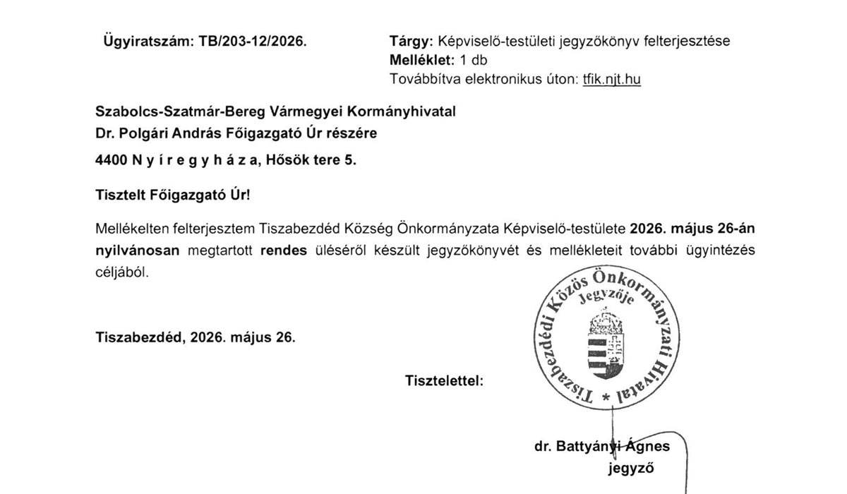 Read more about the article Képviselő-testületi zárt ülés 2026.05.26. – Testuleti jegyzőkönyv