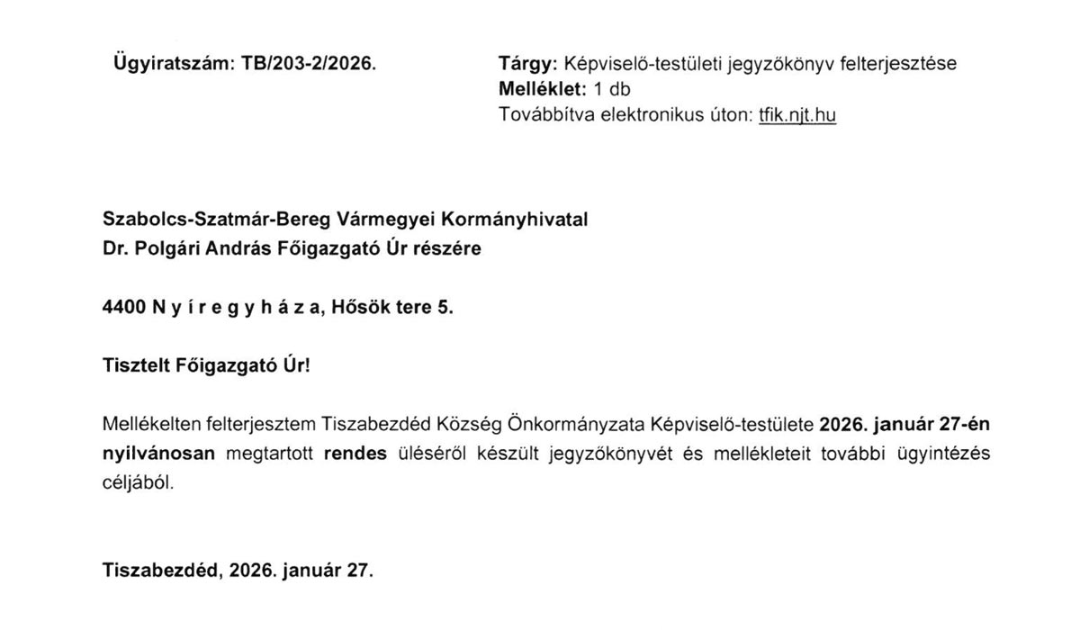 Read more about the article Képviselő Testületi jegyzőkönyv. 2026 január 27.