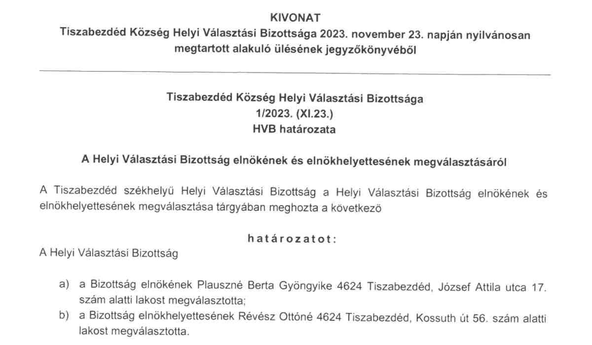 Read more about the article Tiszabezdéd Község Helyi Választási Bizottsága 1/2023. (XI.23.) HVB határozata