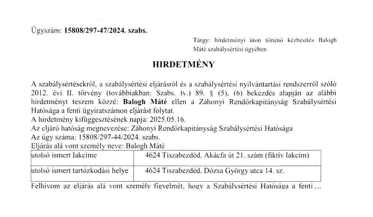 Balogh Máté hirdetmény szabálysértési ügyben 15808/297-47