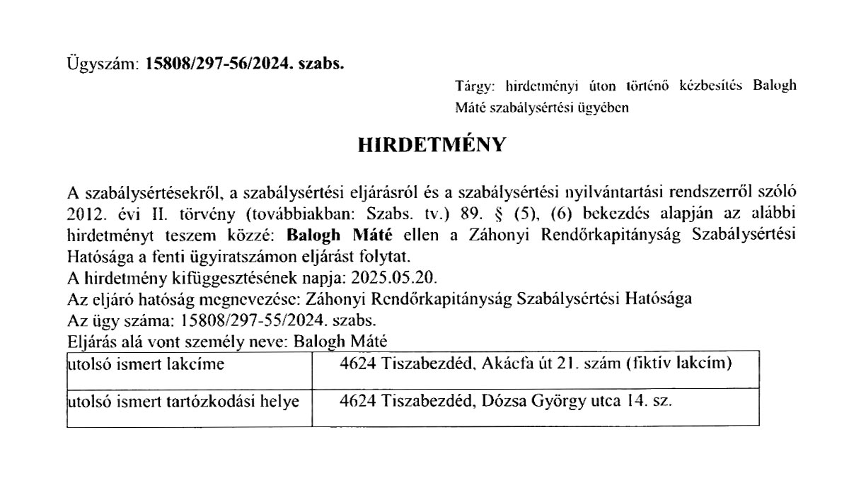 Balogh Máté hirdetmény szabálysértési ügyben 15808/297-56
