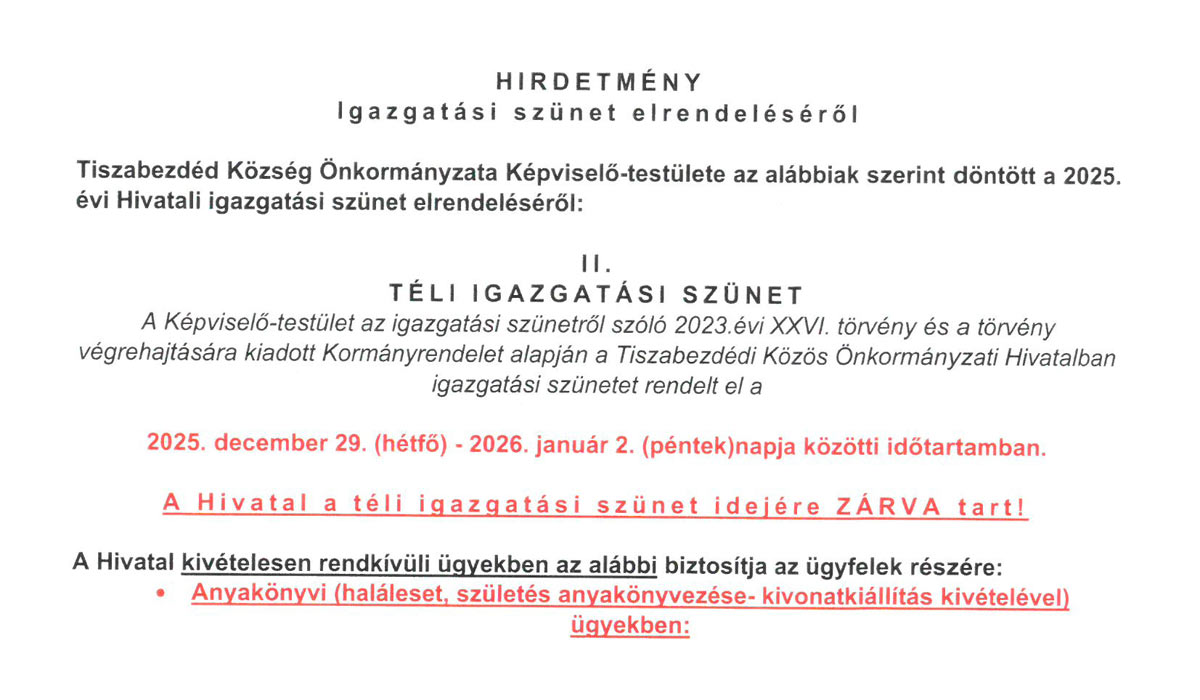 Read more about the article Hirdetmény igazgatási szünet elrendeléséről