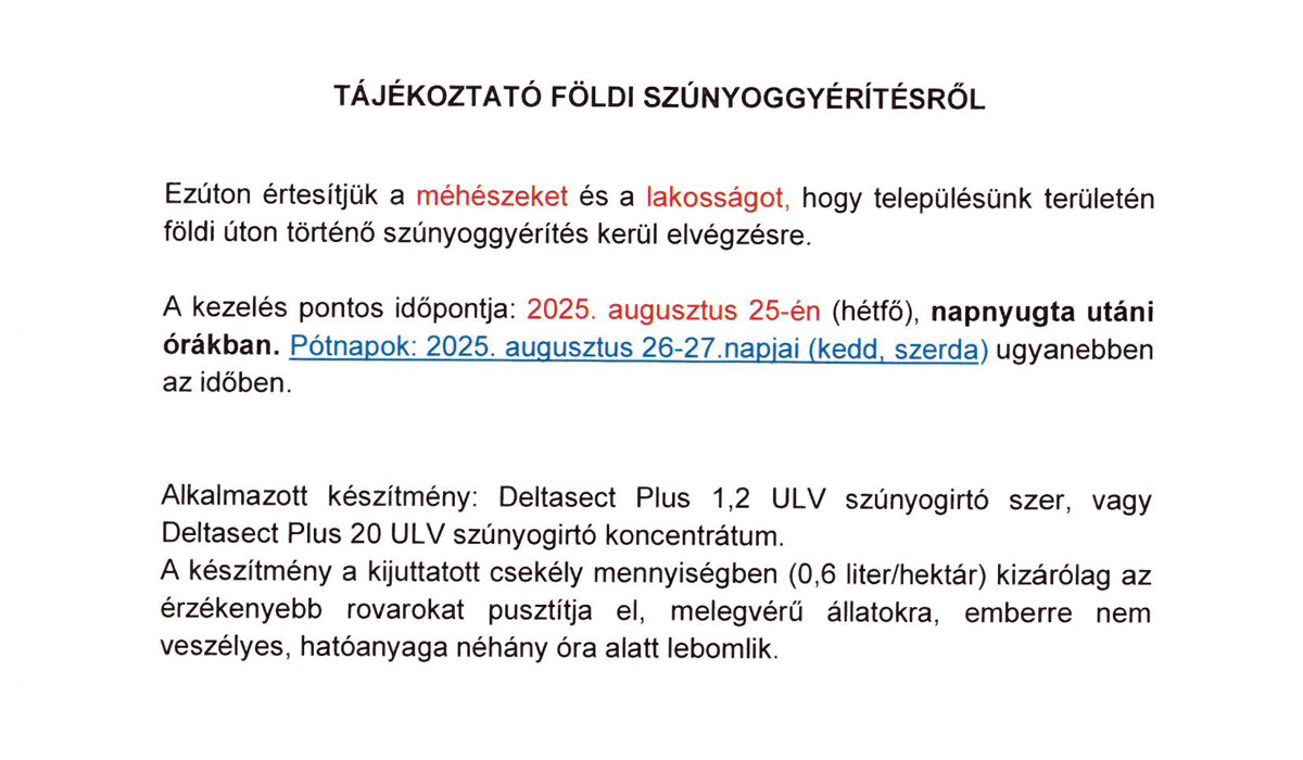 Read more about the article Méhészek és a lakosság tájékoztása földi szúnyoggyérítésről