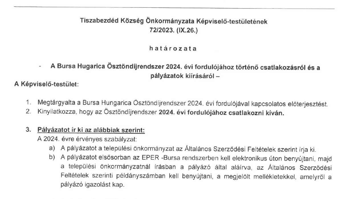 Read more about the article A testület által hozott-határozatok – 2023 Képviselő-testületének 72/2023. (IX.26.) (Bursa Hugarica)