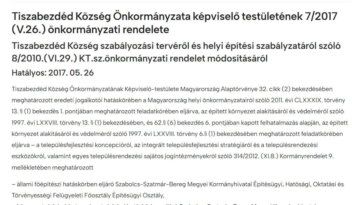 Read more about the article Önkormányzati rendeletek 2017 – Tiszabezdéd Község szabályozási tervéről (módosítás)