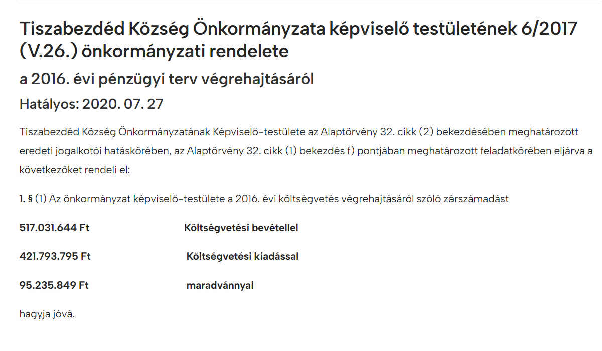 Read more about the article Önkormányzati rendeletek 2017 – a 2016. évi pénzügyi terv végrehajtásáról