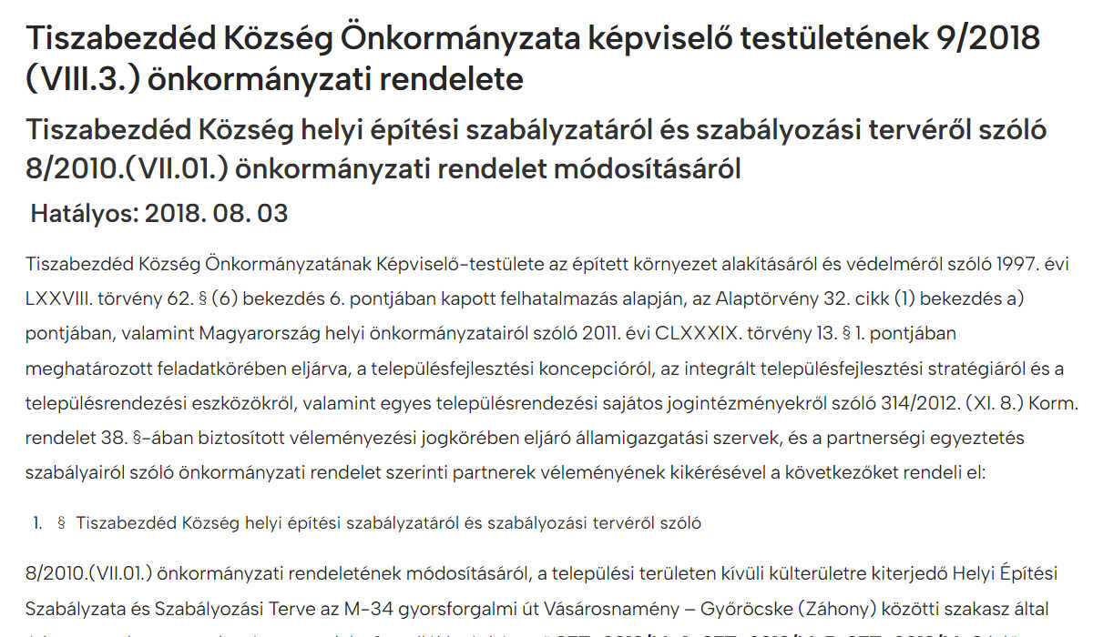 Read more about the article Önkormányzati rendeletek 2018 – Tiszabezdéd Község helyi építési szabályzatának módosításáról