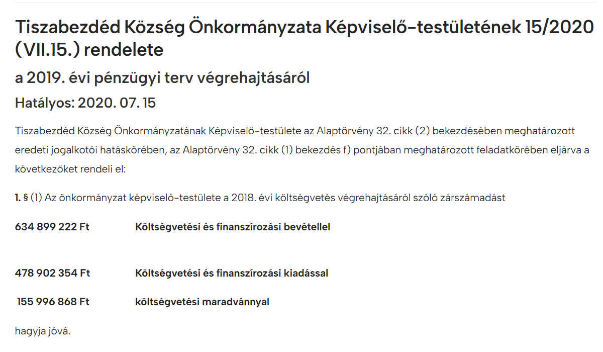 Read more about the article Önkormányzati rendeletek 2019 – 2019. évi pénzügyi terv végrehajtásáról