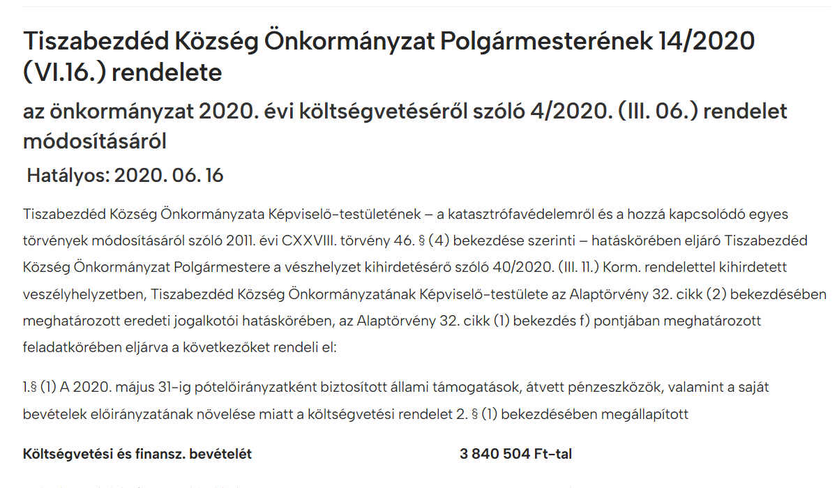 Read more about the article Önkormányzati rendeletek 2020 – 14/2020 (VI.16.) polgármesteri rendelet