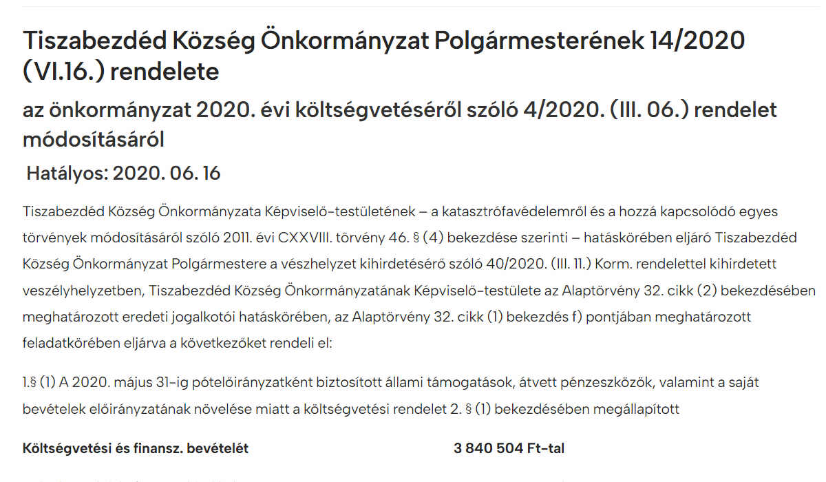 You are currently viewing Önkormányzati rendeletek 2020 – 14/2020 (VI.16.) polgármesteri rendelet