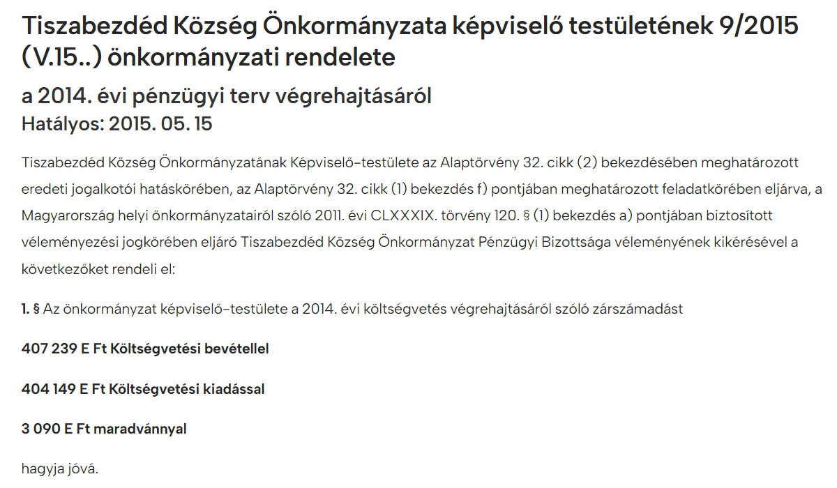 Read more about the article Önkormányzati rendeletek 2016 – a 2015. évi pénzügyi terv végrehajtásáról