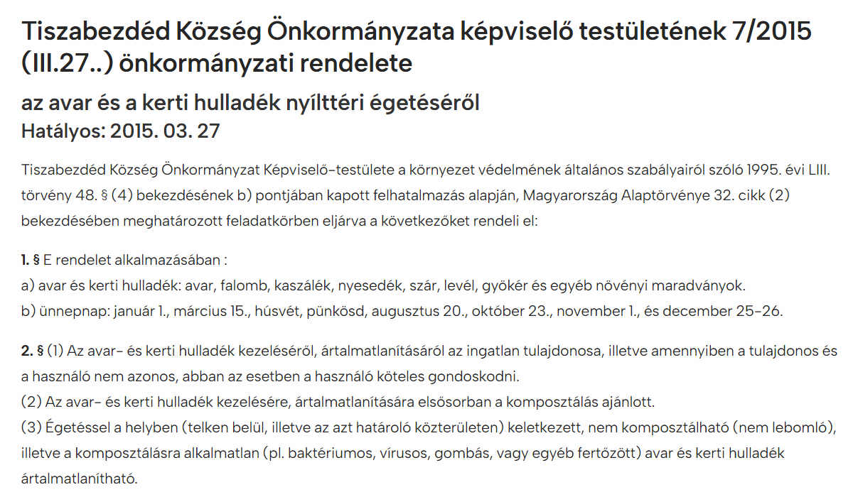 Read more about the article Önkormányzati rendeletek 2015 – Az avar és a kerti hulladék nyílttéri égetéséről