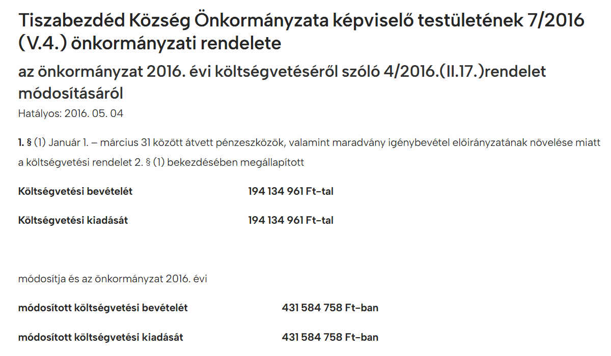 Read more about the article Önkormányzati rendeletek 2016 – az önkormányzat 2016. évi költségvetés módosítása