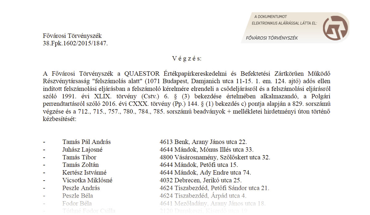 Quaestor hirdetmény