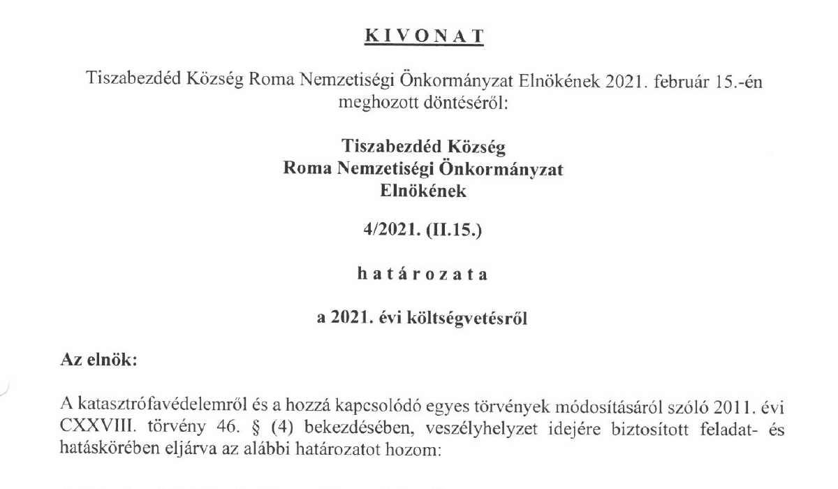 Read more about the article Roma Nemzetiségi Önkormányzat határozatok 2021 – 2021 évi költségvetésről
