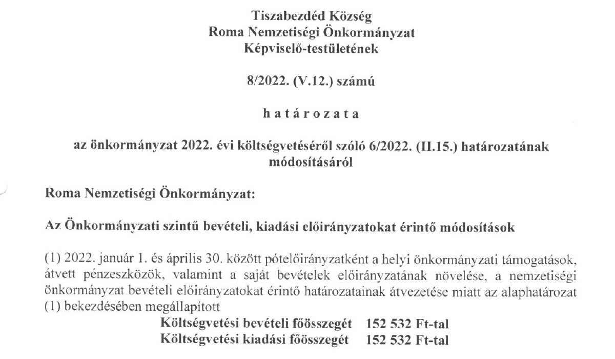 Read more about the article Roma Nemzetiségi Önkormányzat határozatok 2022 – 8_2022.V.12. határozat