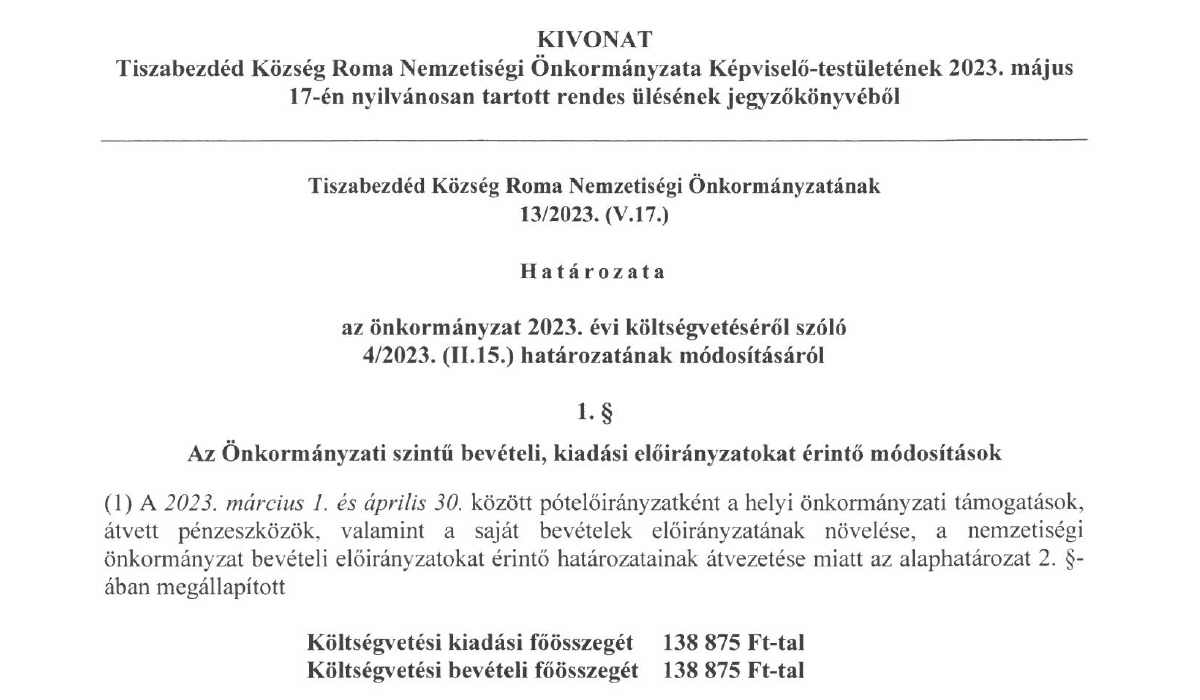 Read more about the article Roma Nemzetiségi Önkormányzat határozatok 2023 – 13/2023. (V.17.)