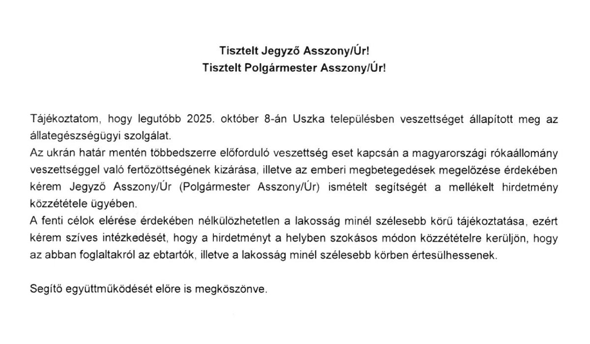Tájékoztatás veszetség előfordulásáról – 2025. 10.