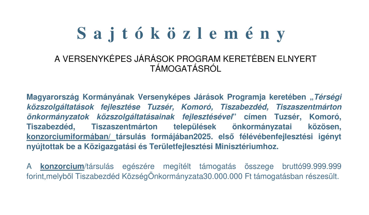 You are currently viewing Sajtóközlemény – A versenyképes járások program keretében elnyert támogatásról