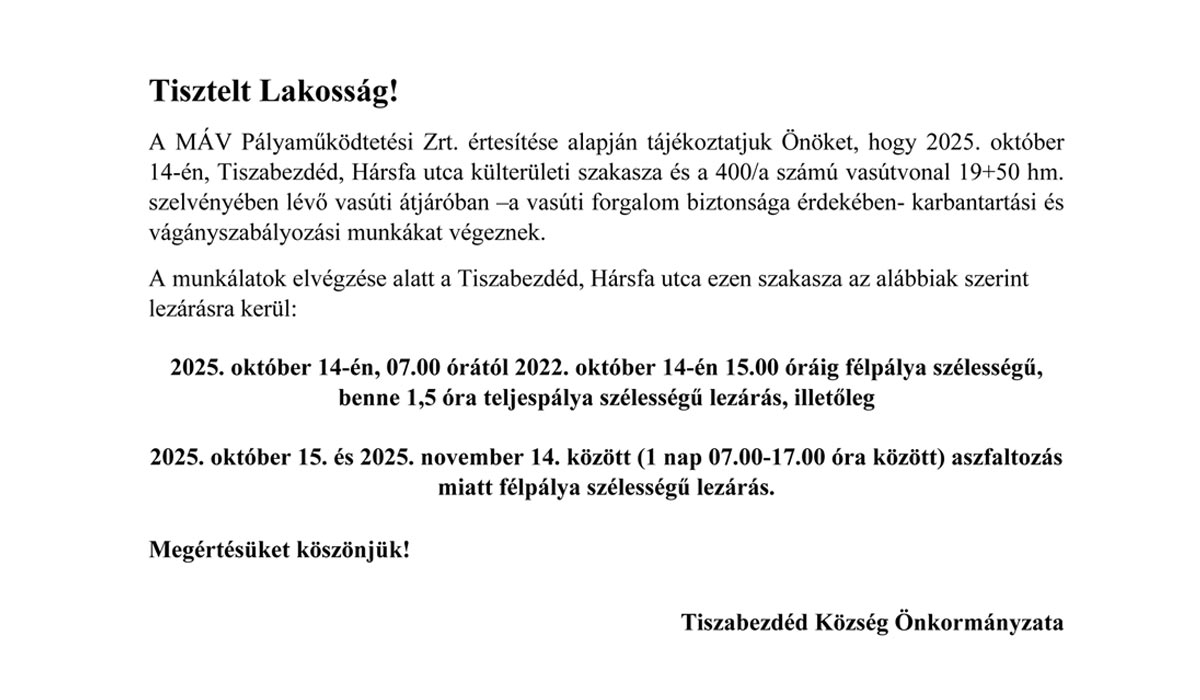 Read more about the article Tájékoztató vasútlezárásról