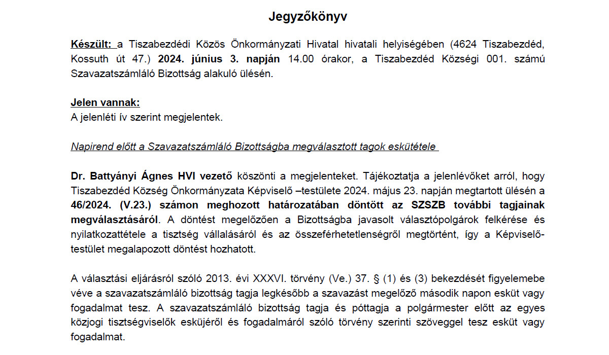 Read more about the article Jegyzőkönyv alakuló ülés 202406 SZSZB1