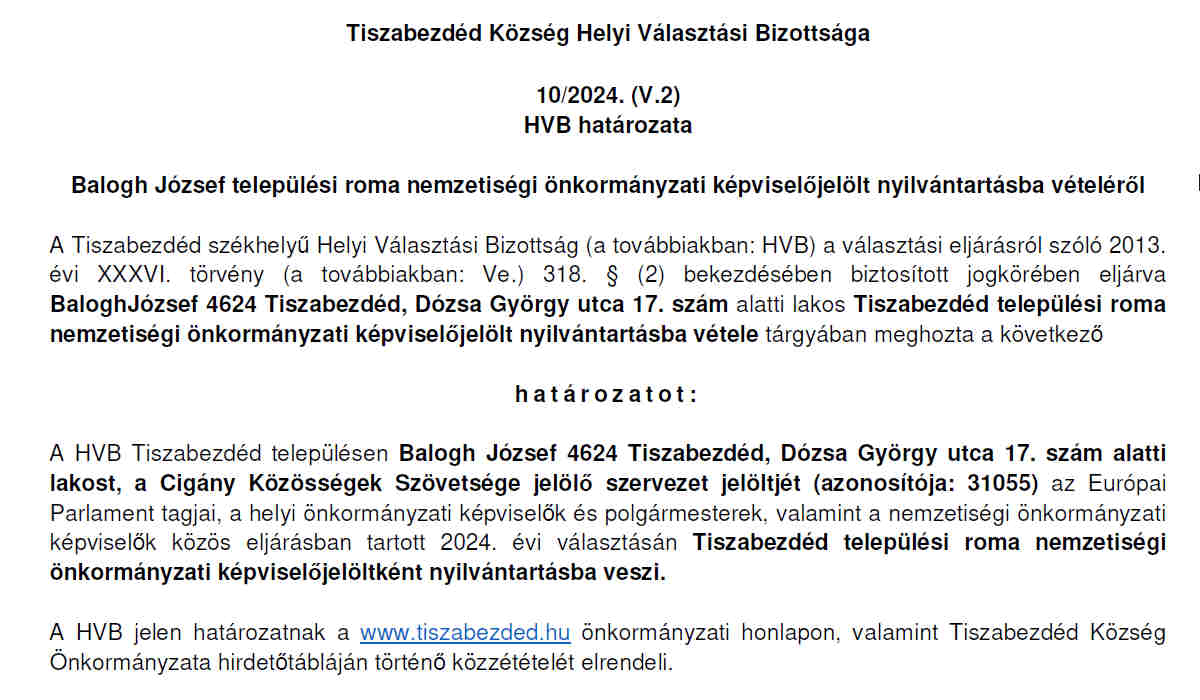 Read more about the article Balogh József nyilvántartásba vétele