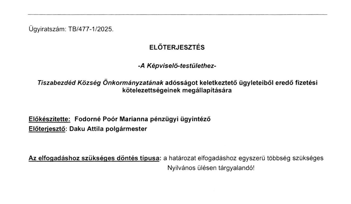 Read more about the article 2025.02.13- i Képviselő-testületi ülés Zárt – Adósság előterjesztés