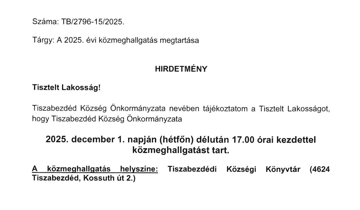 Read more about the article 2025.12.01- Közmeghallgatás – Hirdetmény