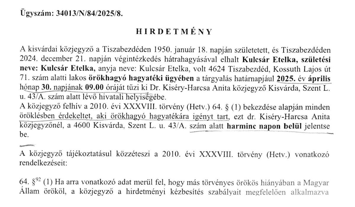 Read more about the article Hirdetmény örökhagyó hagyatéki ügyében – Néhai Kulcsár Etelka