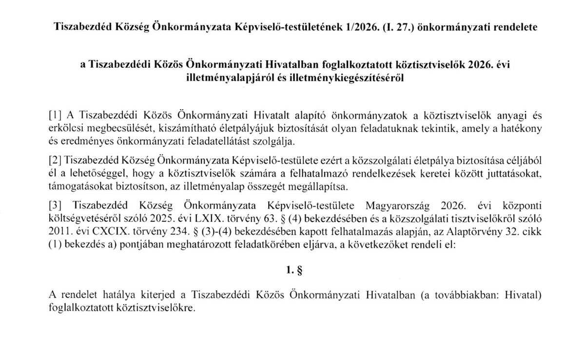 Read more about the article Tiszabezdéd Község Önkormányzata Képviselő-testületének 1/2026. (I. 27.) önkormányzati rendelete
