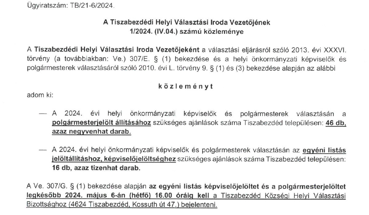 Read more about the article A Tiszabezdédi Helyi Választási Iroda Vezetőjének 1/2024. (IV.04.) számú közleménye